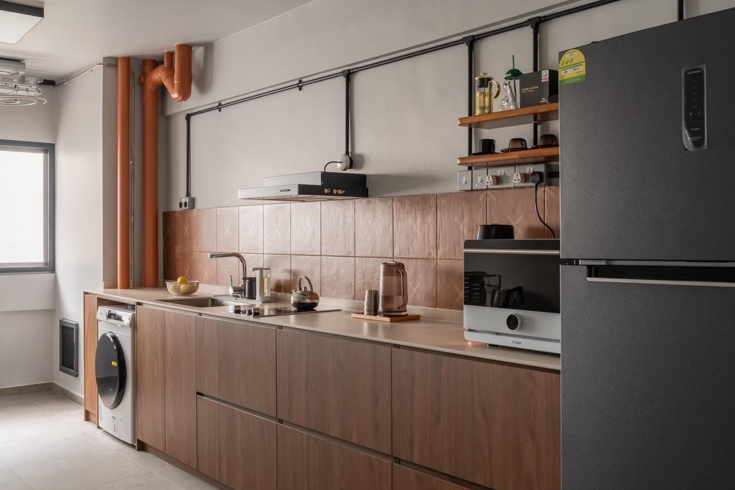 Industrial-Retro Walnut Kitchen, Living & Bed Room