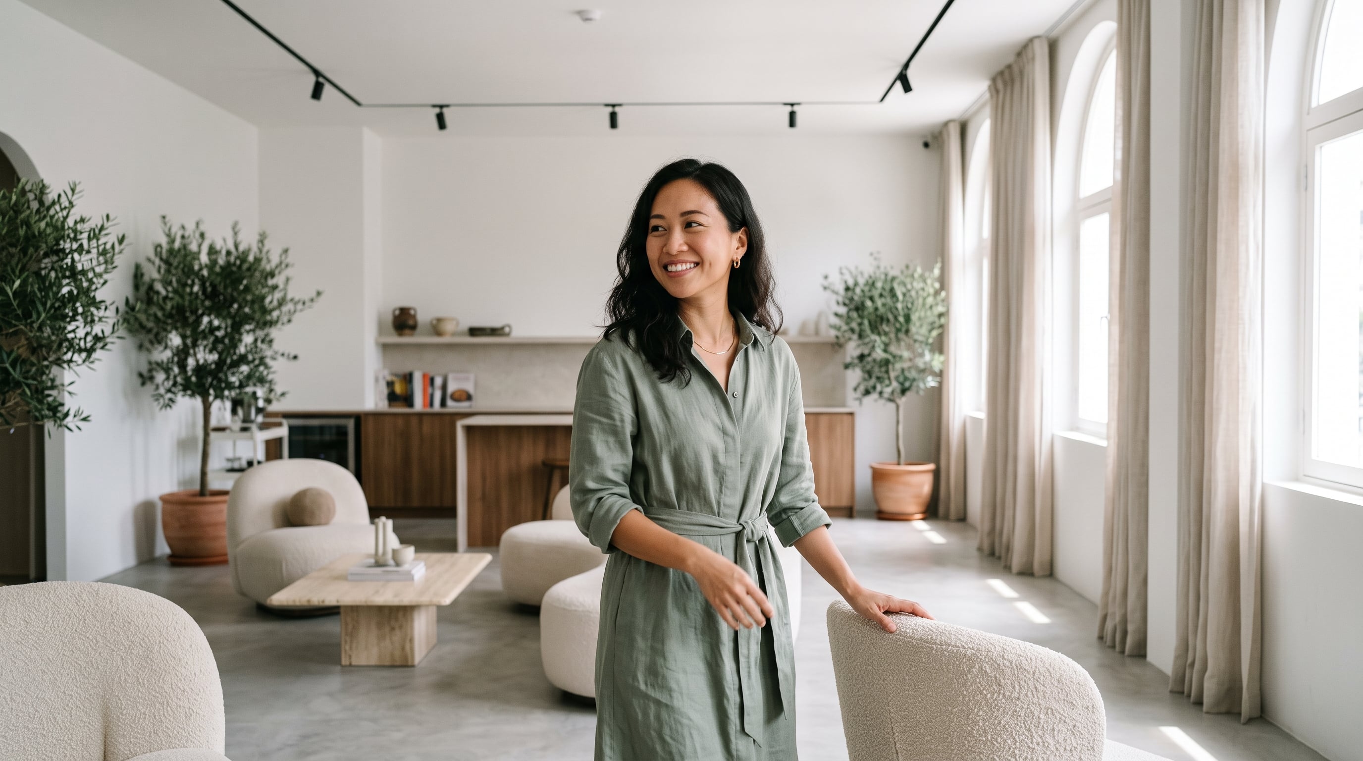 A host turning to greet someone in the event space she lets by the hour