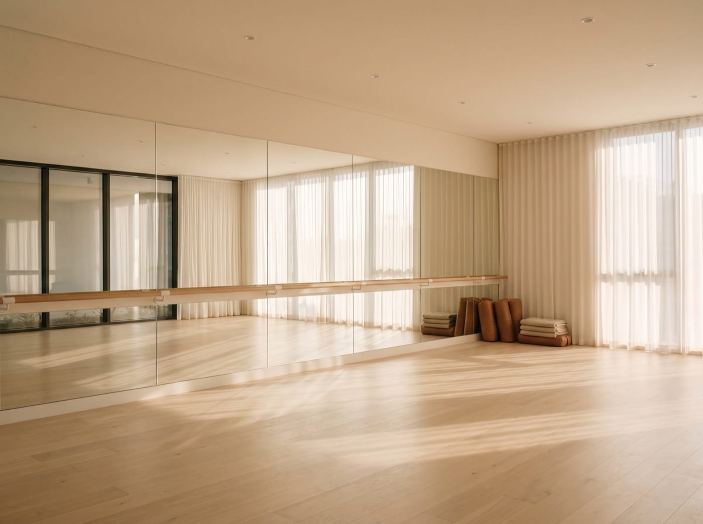 A dance studio with a mirrored wall, a ballet barre, a blonde sprung floor and sheer curtains