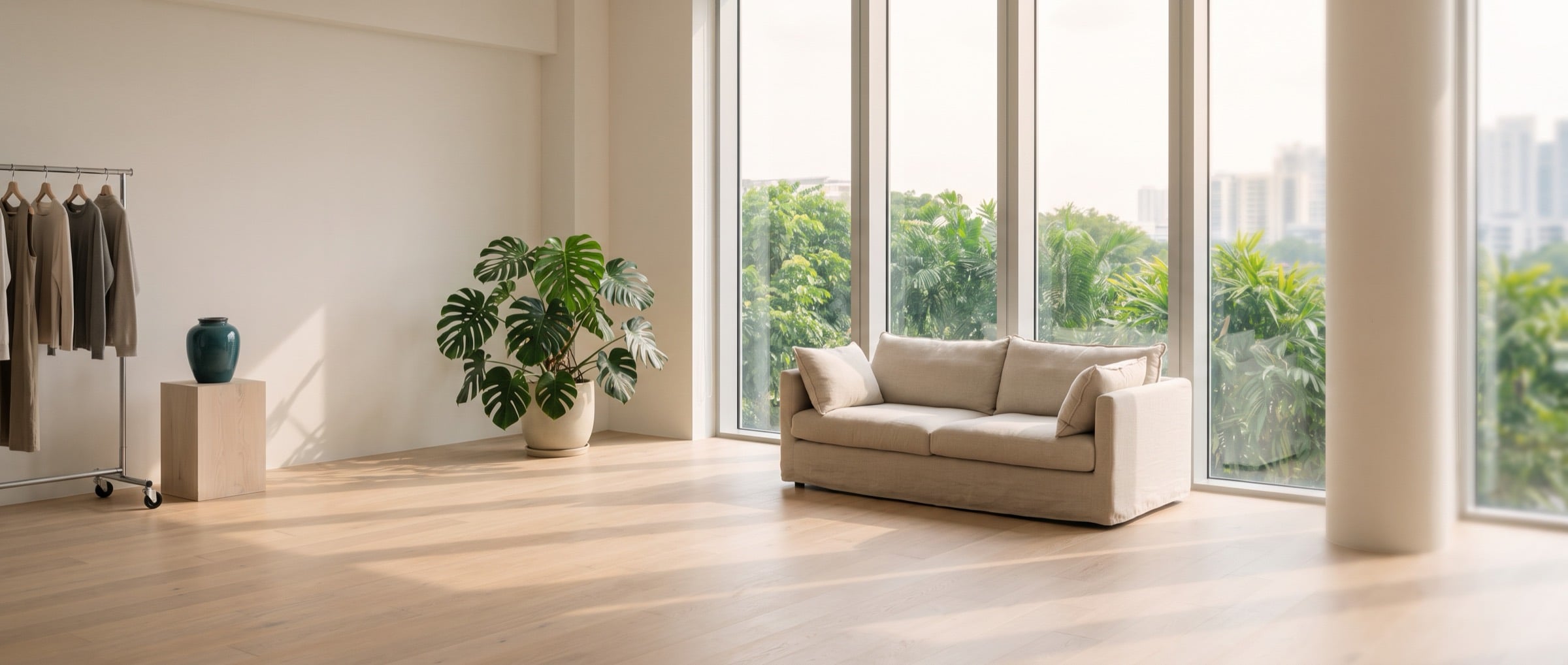 A sunlit studio with oak floors, a linen sofa and tall windows onto tropical greenery