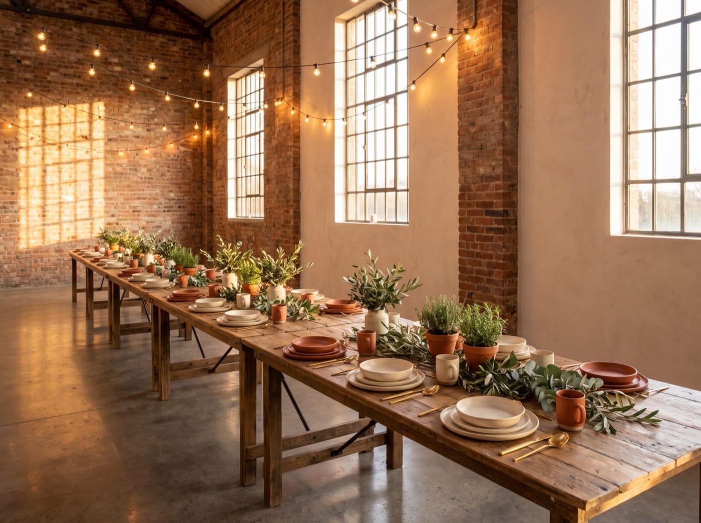 An event venue with a long communal table under festoon lights, in a brick and plaster room at golden hour
