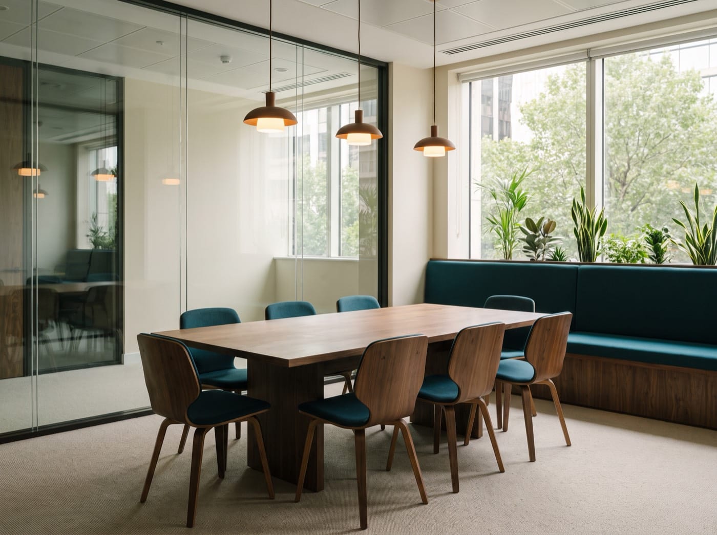 A meeting room with a walnut table, deep teal banquette seating and pendant lights